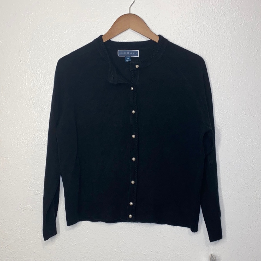 Karen Scott Button Down Cardigan with Pearl Buttons and Ribbed Trim